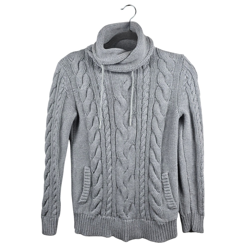 L.L. Bean Cable Knit Sweater Women S Gray Funnel Neck Fisherman Cotton Preppy